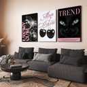 3Pcs Trendy Pink Preppy Canvas Wall Art Fashion Cat Disco Ball Cherry Posters Prints Funky Y2k Wall Decor Pictures for Girly Bedroom Apartment Dorm Decorations Ready To Hang
