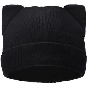 Cat Ear Beanie for Women Girls, Autumn Winter Knit Cuff Beanie Hip Hop Beanie Hat Cat Crochet Ski Cap (One Size, Black - Without "M")