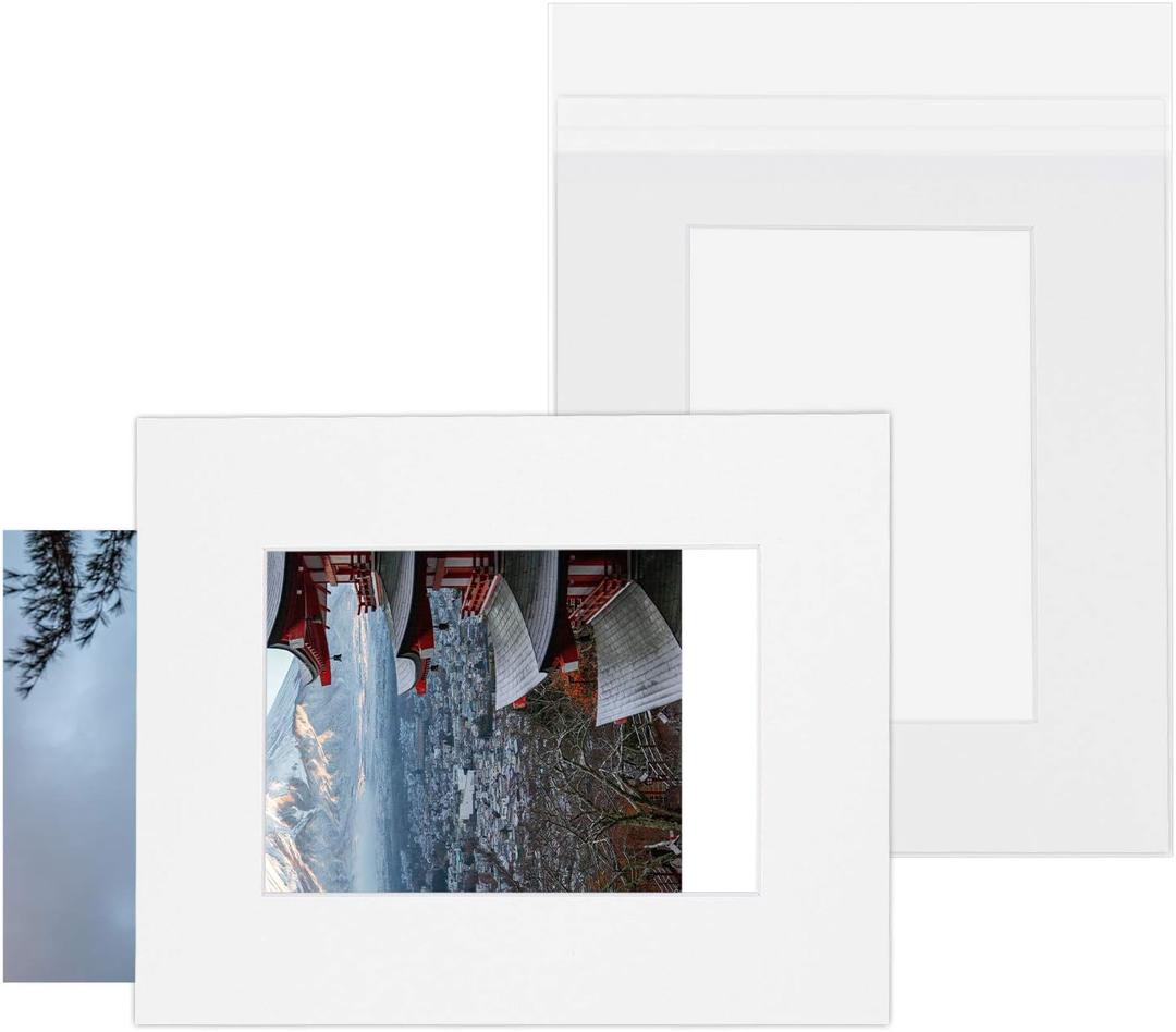 Mat Board Center, 25 Pack Pre-Assembled Photo Mat Kits 8x10 for 5x7 Pictures, Acid-Free Mats Mattes+Backing Boards+Clear Storage Bags, Slip-in Design for Picture Mounting (White)