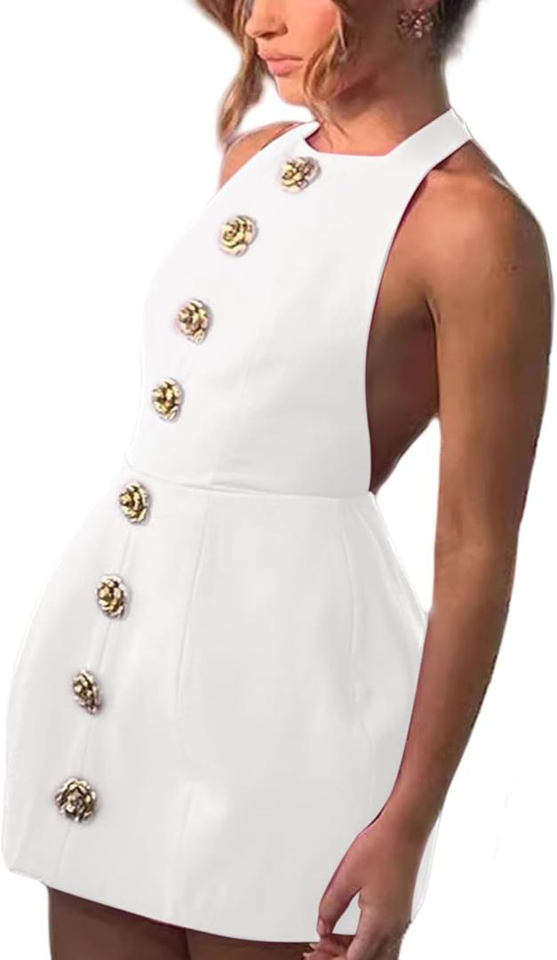 Women's Elegant Halter Sleeveless Tweed Mini Dress Rose Open Back Party Club Cocktail Evening Dresses (Medium, White)