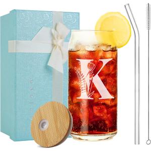 Monogrammed Gifts for Women, Personalized Drinking Glasses Cup 16oz with Lids & Straws- Birthday,Mother's day, Christmas, Special Gifts for Mom, Bestie, Teacher, Sister, Coworker and Bridesmaids (K)