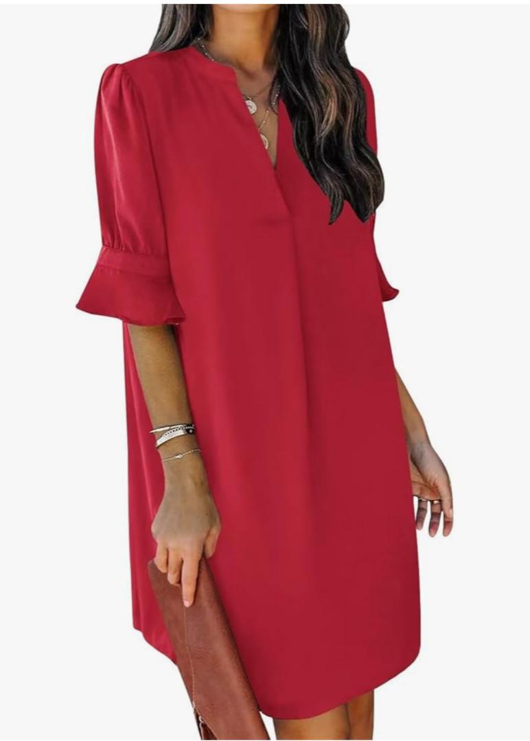 Summer Dresses for Women V Neck Ruffle Short Sleeve Casual Shift Dress, S
