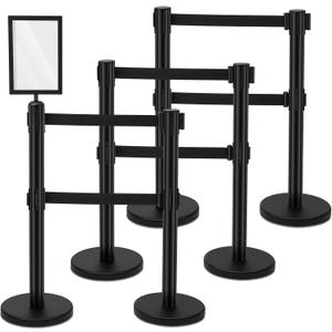 Therwen 6 Pcs Crowd Control Stanchions Set, Double Retractable Safety Belt, Heavy Duty Stainless Steel Crowd Control Barrier, Solid Metal Base, Easy Connect Assembly (9.8 ft,Black)