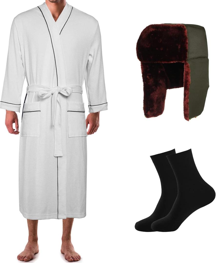 Hillban 3 Pcs Christmas Cousin Costume Men Vacation Outfit Waffle Knit Robe Trapper Hat Crew Sock for Winter Xmas Party