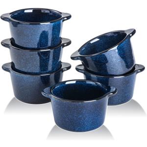 Creme Brulee Ramekins Ceramic Bowls - VICRAYS Mini Custard Cups 8 oz oven Safe Bowls Souffle Dishes for Baking Individual Casserole Dipping Sauce Pioneer Woman Bakeware Set of 6, Blue