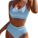 Fanuerg Women's Ribbed High Waisted Bikini Sets Scoop Neck Two Piece Swimsuits Spaghetti Strap Textured Bathing Suit (Blue, S)