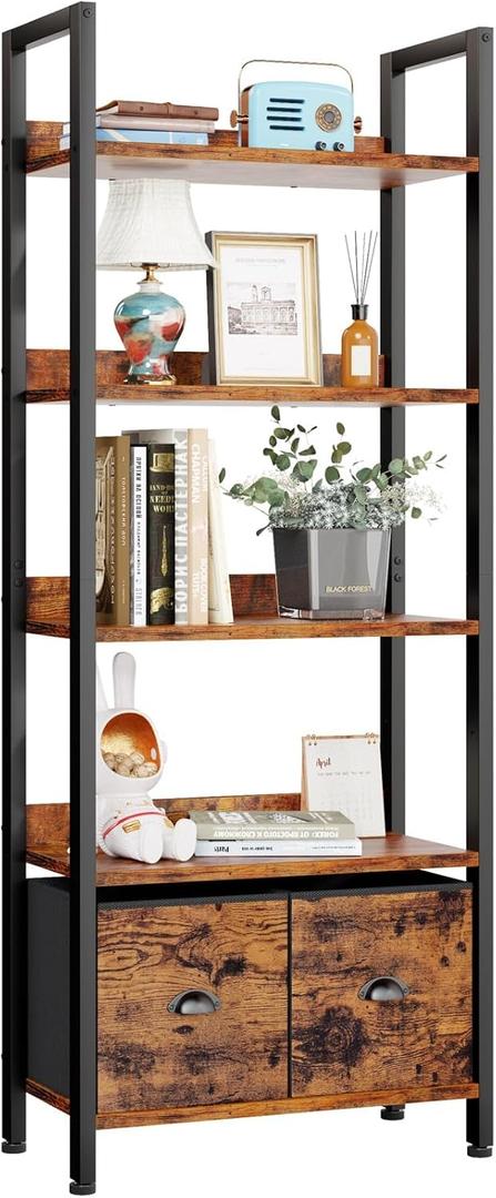 Furologee 5-Tier Bookshelf, Tall Bookcase with 2 Storage Drawers, Industrial Display Standing Shelf Units, Wood and Metal Storage Shelf for Living Room, Bedroom, Home Office, Rustic Brown (5 Tier, Rustic Brown)