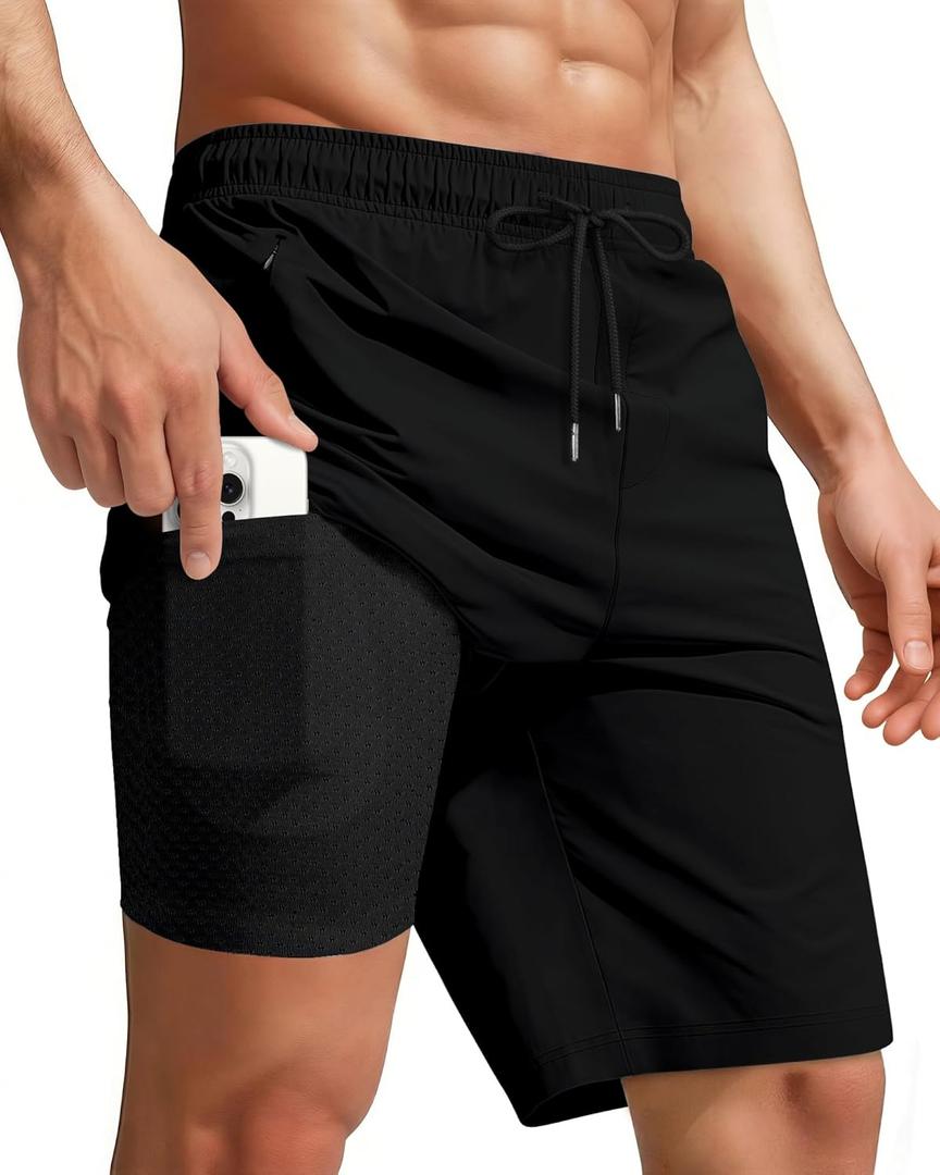 Men Swim Trunks with Compression 9 Inches Breathable Liner Quick Dry Zipper Pockets for Board Beach Gym Running (Black)