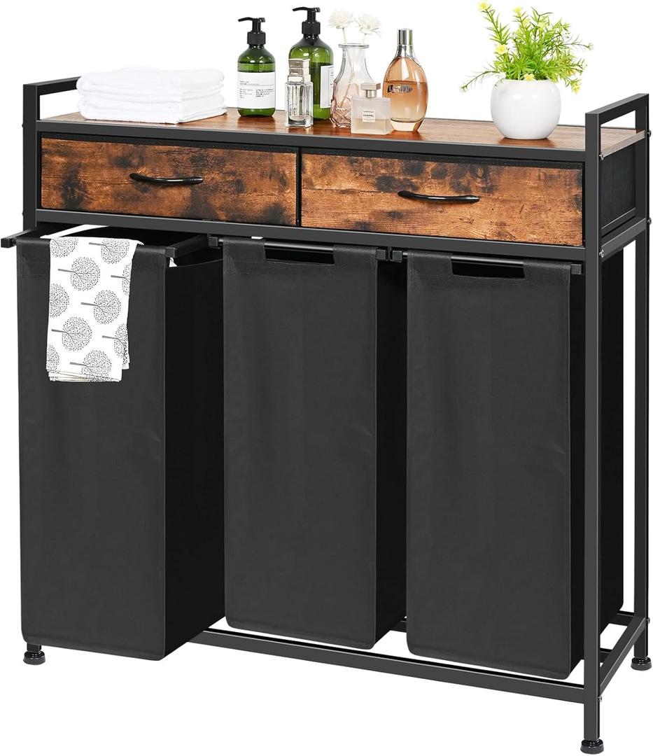 Laundry Sorter 3 Section, Laundry Hamper with Shelf and 2 Drawers, 180L Laundry Basket, laundry Organizer Cart, Pull-Out and Removable Oxford Fabric Laundry Bags,Rustic Brown and Black