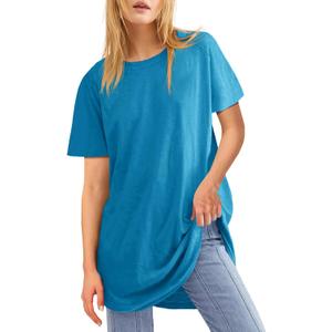 Fisoew Womens Oversized T Shirts Short Sleeve Tunic Tops Crew Neck T-Shirts Summer Casual Loose Fit Basic Tee (Blue, L)
