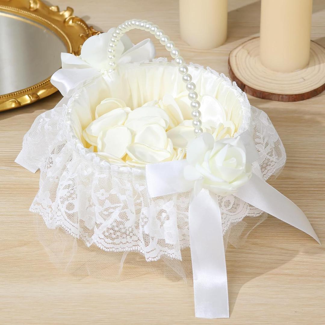 1 Pack Wedding Flower Girl Basket with 200Pcs Silk Petals, Pearl Handle and Ribbon Bow Wedding basket - Artificial Flowers for Romantic Night Bridal Party Home Decorations(Flower)