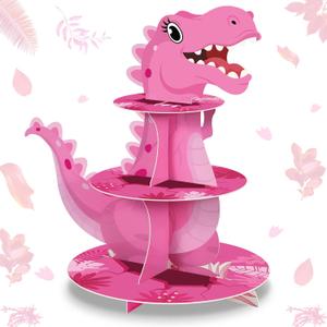 Censen 3 Tier Dinosaur Cupcake Stand Party Decorations Dinosaur Theme Cupcake Holder Decorations Dino Dessert Tower for Kids Boys Jungle Dino Theme Party Birthday Supplies (Pink)