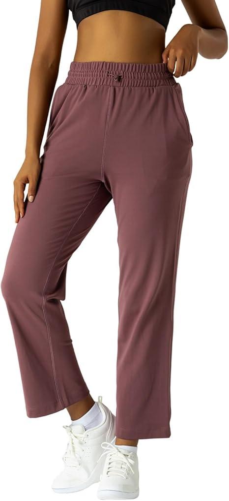 Women's Moisture-Wicking Crop Flare Pants - Shockcord Waist, Compressive Fabric & Side Pockets | Yoga,Fitness,Daily Use, rose brown,XS
