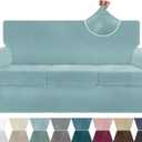 ZNSAYOTX Luxury Velvet Couch Cover 4 Piece (72"-92") Stretch Sofa Covers for 3 Cushion Couch Thick Soft Sofa Slipcover with Non Slip Strap, Dog Pet Friendly Nice Furniture Protector (Stone Blue)