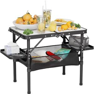 Titanker Small Camp Table 2ft, Folding Camping Table Portable with Storage Bag & Side Racks, Picnic & Beach Table, Car Camping Essentials, Aluminum Light & Solid (Small 24.4"L x 16.3"W x 20.9"H, White Marble Top & Storage Bag)