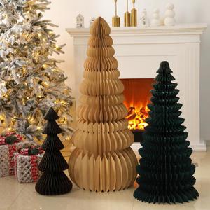 3 Pcs Large Honeycomb Christmas Tree - 4ft 3ft 2ft Paper Christmas Folding 3D Home Decoration Set with Magnetic Design for Winter Holiday Festive Party (Classic,Beige,Green,Brown)