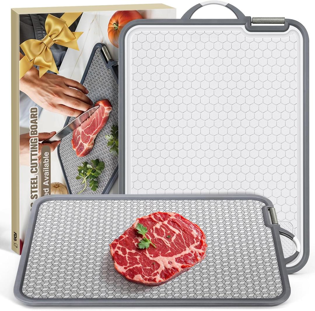 Large Stainless Steel Cutting Board, 16 Inch Double Sided Chopping Board for Kitchen, Non Toxic, Scratch-resistant Mesh Design, Juice Groove, Dishwasher Safe, 304 Stainless Steel and Wheat Straw PP
