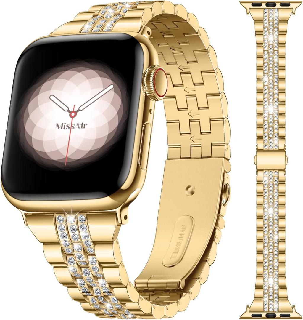 Missair Bling Bands Compatible With Apple Watch Band 38mm 40mm 41mm 42mm 44mm 45mm 46mm 49mm Women, Upgraded Buckle Replacement Bracelet Metal Strap for iWatch Series 11 10 9 8 7 6 5 4 3 SE Ultra (Gold)