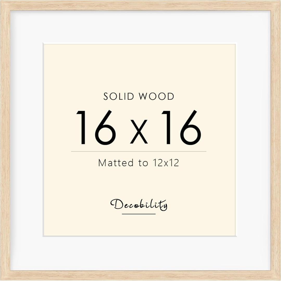 16x16 Picture Frame Made with Solid Wood, Display 12x12 with Mat or 16x16 Picture without Mat, Photo frame with Plexiglass, 12 by 12 Natural Wood Picture frame for Tabletop or Wall Mounting, Oak, 16x16" -1 pack