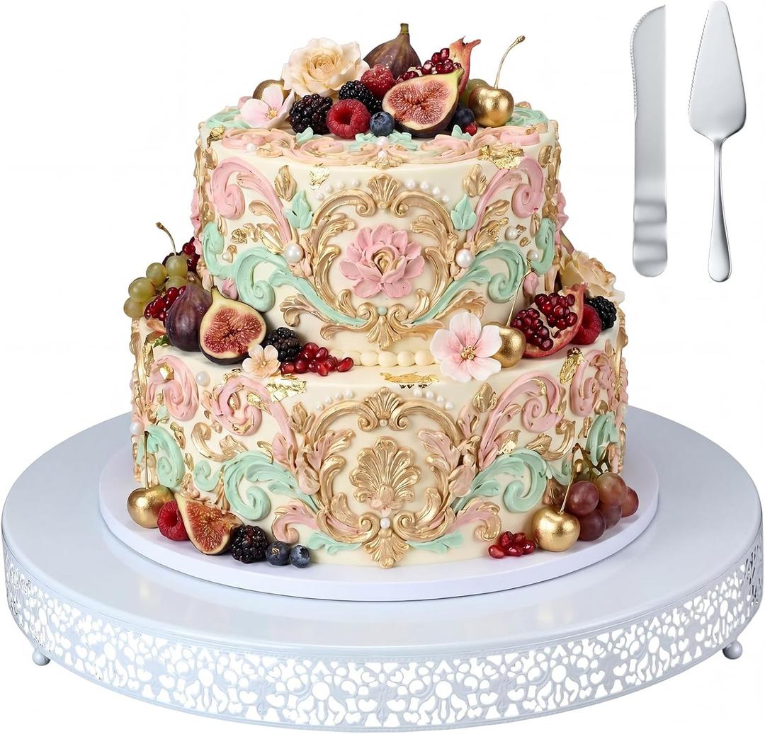 Wenqik 20 Inch White Cake Stand Set Metal Round Cupcake Dessert Stand with Cake Cutting, Spatula Wedding Cupcake Pastry Display Candy Holder Display for Wedding Party Birthday Baby Shower(Classic)