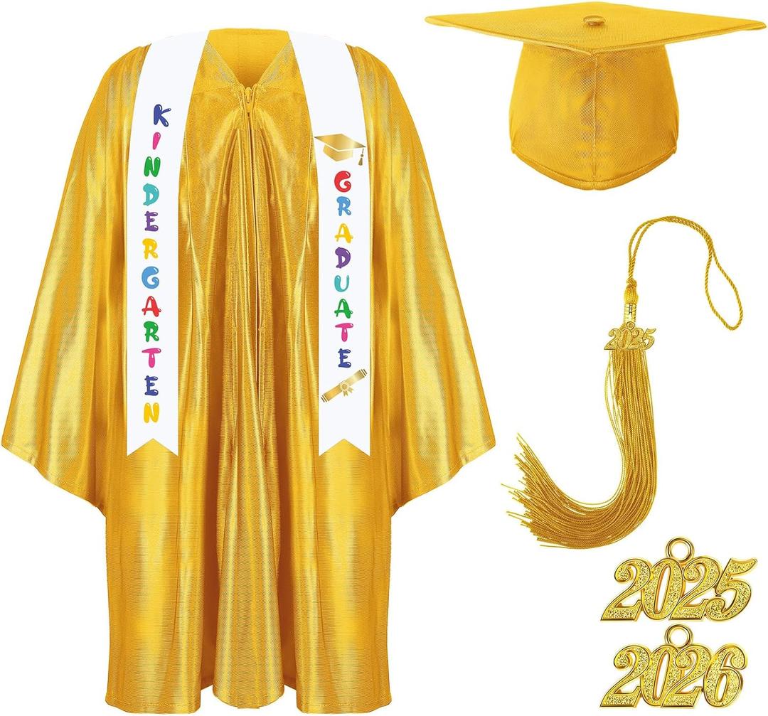 Foaincore 2025 Year Preschool and Kindergarten Graduation Gown Cap Tassel Set with 2025 Charm Printed Stole Grad Gift (24, Yellow)
