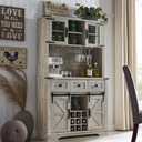 OKD 72" Farmhosue Bar Cabinet with Sliding Barn Door, Large Kitchen Buffet with Hutch w/Wine & Glasses Rack, 3 Drawers, 12 Storage Shelves, Rustic Coffee Bar Sideboard Table, Light Rustic Oak
