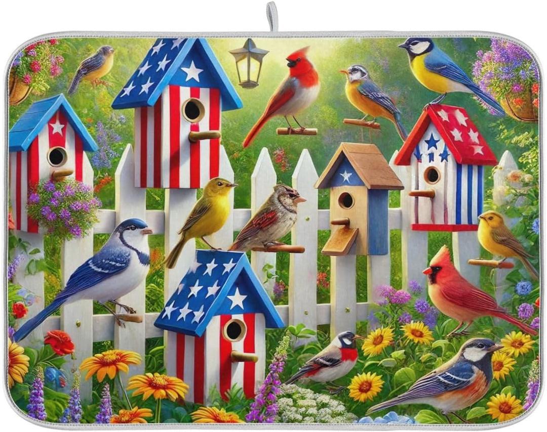 Birdhouses Flowers Garden Dish Drying Mats 16" x 18" Dish Drainer Rack Mat Microfiber Drying Pad Kitchen Countertop Mat
