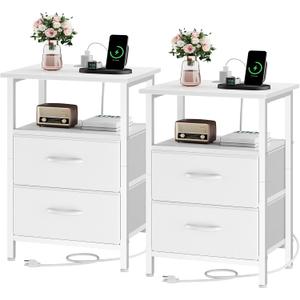 Vagusicc Nightstand Set 2 with Charging Station, End Table with Fabric Drawers, Bedside Table with Open Wood Shelf, 24.2" Tall Side Table with USB Ports & Outlets, Night Stand for Bedroom, White