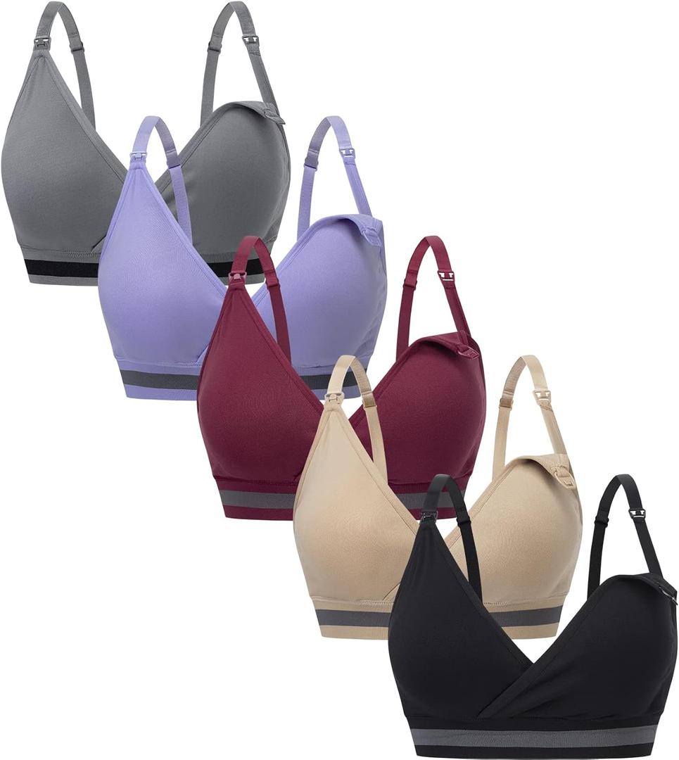 Suekaphin 5Pack Nursing Bra Deep V Neck for Breastfeeding,Seamless Maternity Bralette Wirefree Padded Cup Nursing Bra (XX-Large, Black/Beige/Gray/Lightpurple/Burgundy)