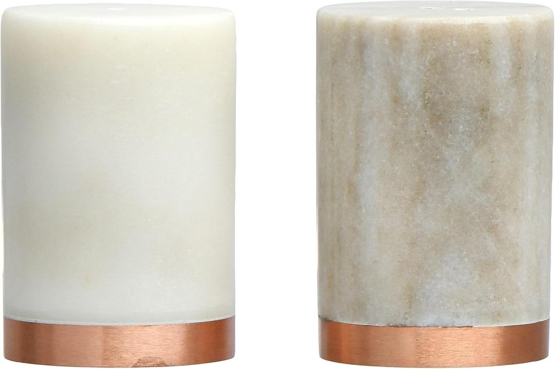 Creative Co-Op Round Marble and Copper Salt and Pepper Shakers, White and Buff Color