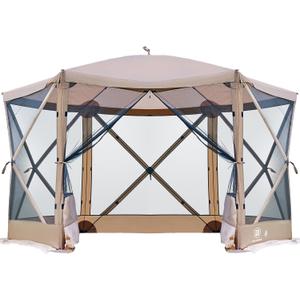EVER ADVANCED Pop Up Gazebo Screen House Tent for Camping 11.5 ft for 8-10 Person Instant Canopy Shelter with Netting Portable for Outdoor, Backyard, Brown