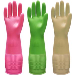 Bamllum 3 Pairs of Rubber Dishwashing Gloves for Kitchen and Household Cleaning  Long Cuff 15", Reusable, Flexible Long-lasting and Non-Slip (Red+Yellow+Green, Medium)