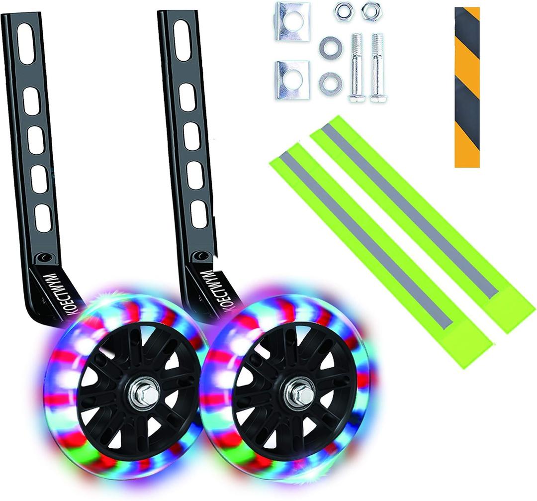 Kids' Bicycle Training Wheels Flash Mute Heavy Duty Rear Wheel with Stabilizers Mounted (for 12 14 16 18 20 inch Kids Bike) 1 Pair + 1 Reflective Tape + 2 Reflective Arm Bands (Black)