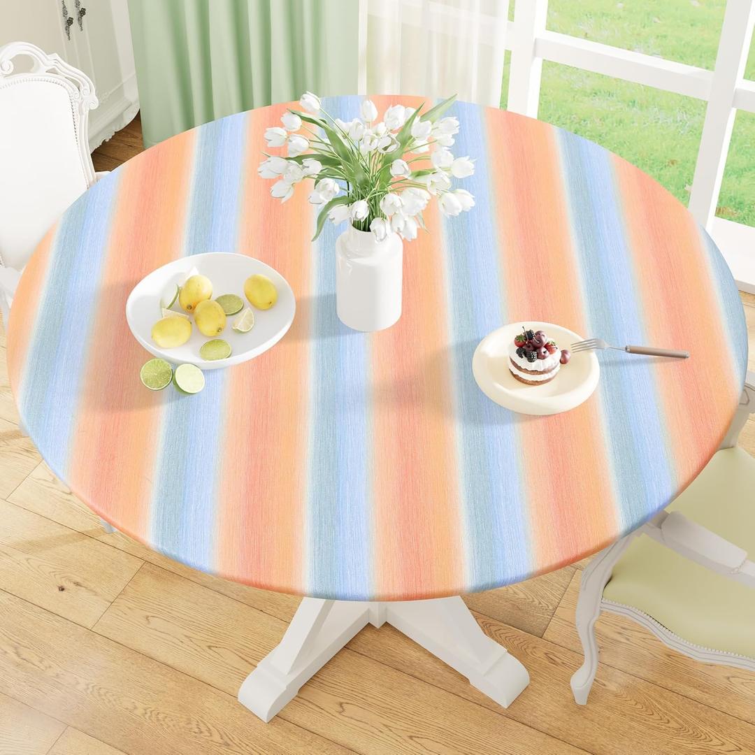 misaya Round Fitted Tablecloth with Elastic Edge, 100% Waterproof Oil Proof Plastic Table Cover, Vinyl Flannel Backed Tablecloth Fits 45"-56" Round Tables for Dinner, Outdoor, Picnic, Rainbow Striped