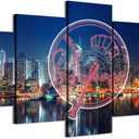 Colorful city night scene and Yankees neon signs in New York (60X100CM/5PCS-FRAMED) Baseball Poster Canvas Print Wall Art for Home and Office Decor