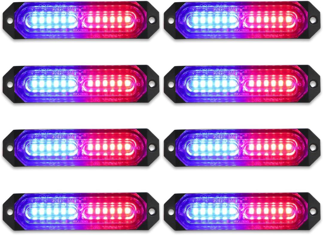 Upgraded 8 PCS 12 LED Sync Feature Emergency Strobe Lights, [20 Flashing Light Patterns] Blue & Red Strobe Lights for Truck, [Can-bus Design] Ultra Slim Strobe Lights for Vehicle/Car/ATV/UTV