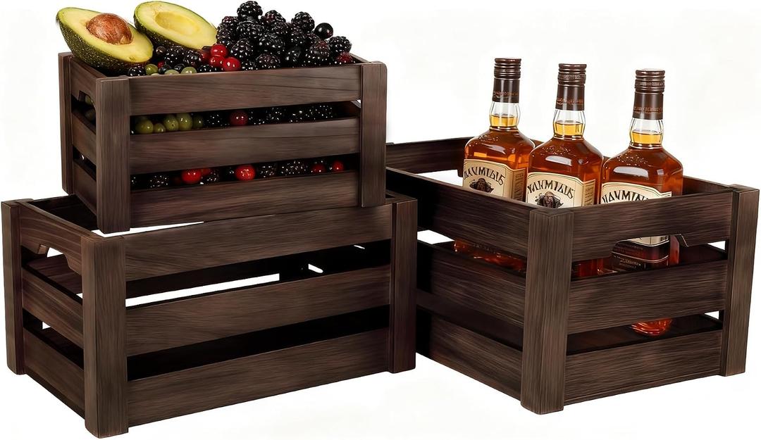 Wooden Crates for Storage and Display - Set of 3 Heavy Duty Nesting Wood Crates, Rustic Farmhouse Decorative Storage Boxes for Shelves, Pantry & Home Organization (L/M/S)