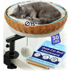 PetLovers Cat Desk Bed - Rattan Elevated Desk Cat Bed Attachment with Removable Washable Cushion, 360 Swivel Arm, Secure Clamp - Keeps Your Pet Close While You Work or Play