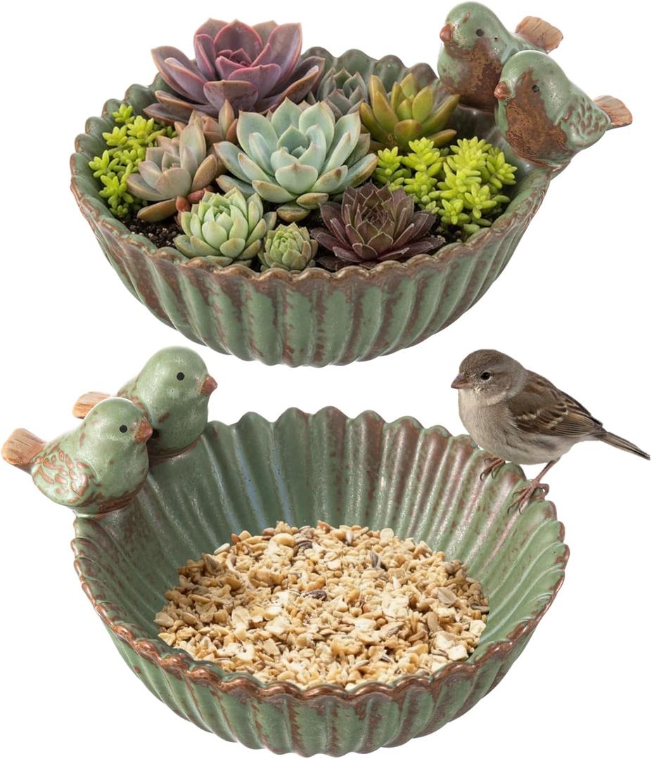 2 Pack 6.3 Inch Birds Special Design Fun Garden Flower Ceramic Planter Birds Feeder Succulent Pot Flowerpot or Feeder Bird Food Holder for Garden Outside Decor for Outdoor Gifts