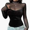 RoseSeek Women's Sheer Mesh Velvet Long Sleeve T Shirts Mock Neck Fitted Tee Tops Elegant Fall Going Out Outfit, Medium