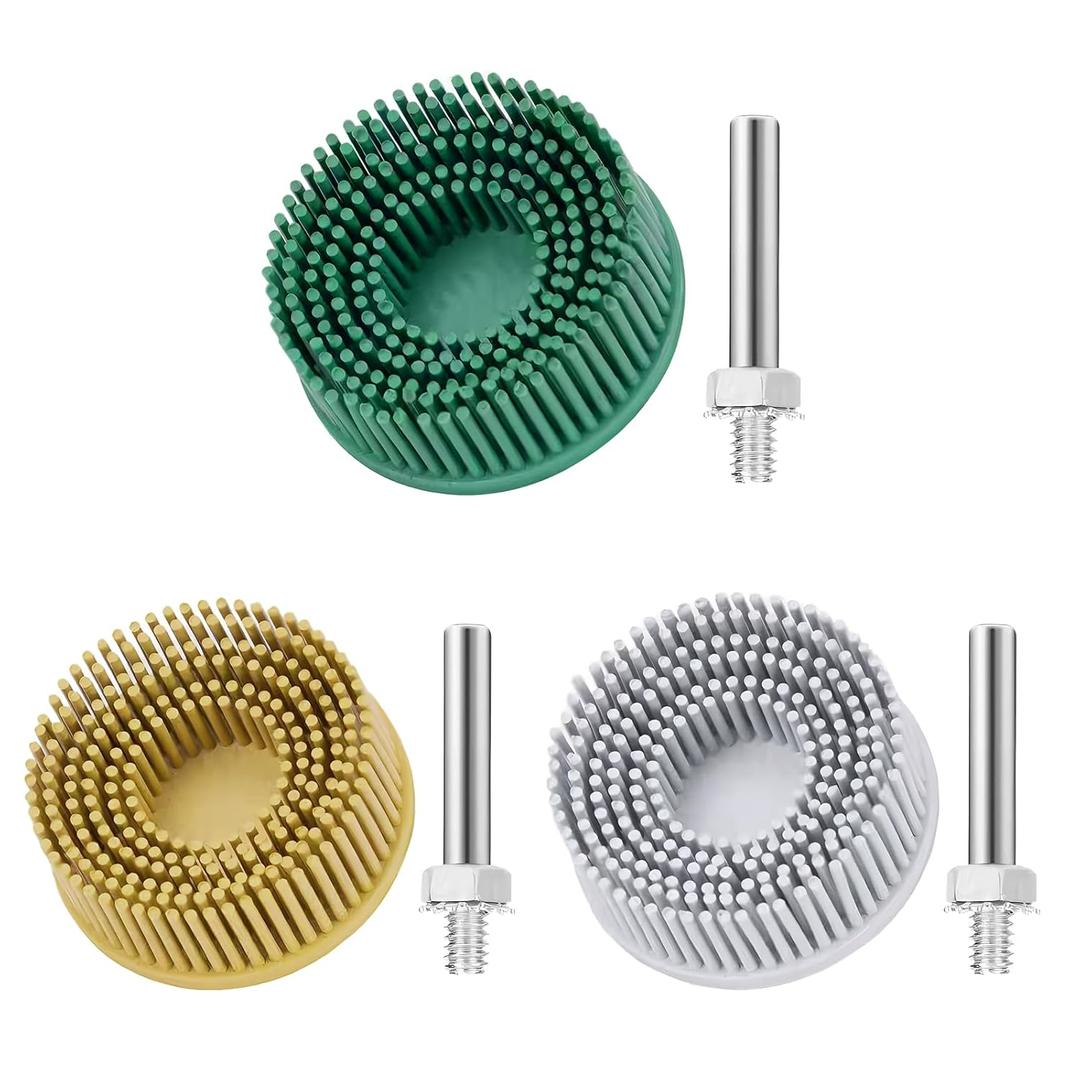 3Pcs Bristle Disc 2 Inch Gasket Remover Wheel Tool - 50#, 80#, 120# Size, White & Yellow & Green Bristle Brush Cleaning Disc with 1/4 Shank Attachment Abrasive Coating Discs