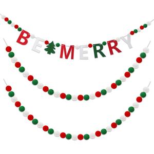Breling 3 Pieces Christmas Felt Ball Garland 10ft Christmas Pompom Decorations Happy Holidays Banner Mantle Fireplace Room Xmas Party Hanging Decor (Red, Green, White)