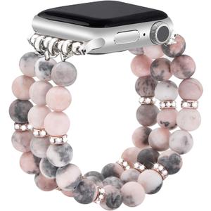 JR.DM Natural Stone Beaded-Bands Women Compatible with Apple Watch Series 11 10 9 8 7 6 5 4 SE 3 2 1 Ultra Fashion Stretch Handmade Bracelet Boho Elastic Strap for iWatch 42mm(S3/2/1) 44/45/46/49mm (Pink Zebra)
