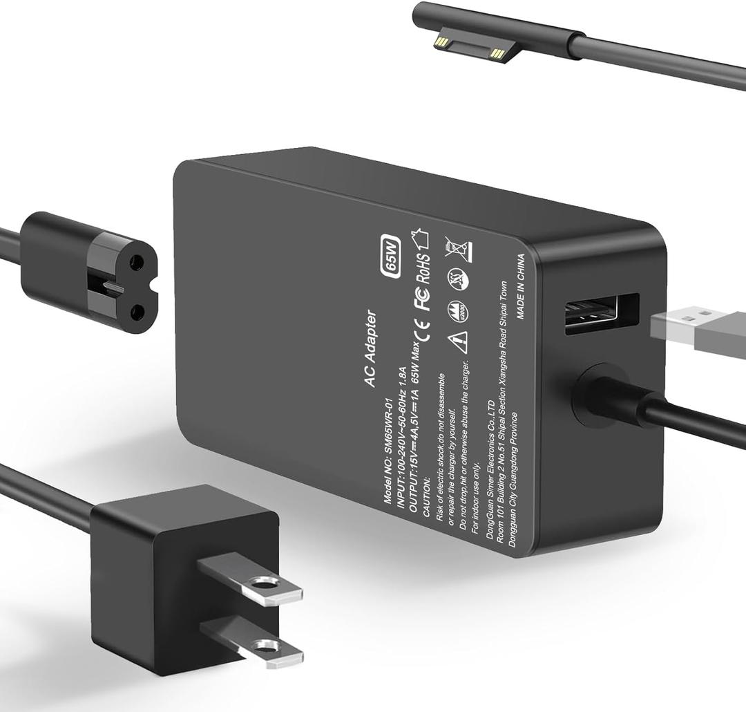 65W Surface Pro Laptop Charger Compatible with Microsoft Surface Pro 10, 9, 8, X, 7+, 7, 6, 5, 4, 3, Magnetic Surface Connector, Support 65W, 44W, 36W, with USB Port