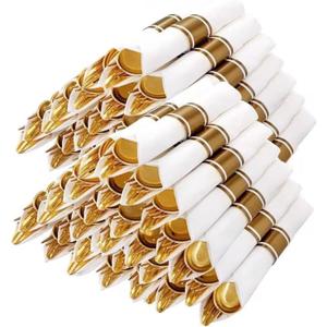 Nervure 400PCS Pre Rolled Gold Plastic Silverware Sets - Heavy Duty Hammered Gold Cutlery Include 100 Pack Wrapped Disposable Utensils with Napkins for Parties, Dinners & Weddings