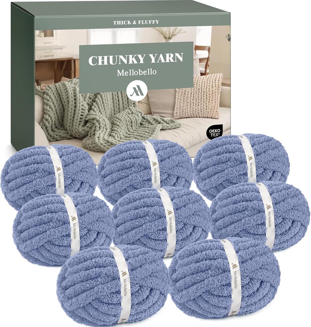 Mellobello Jumbo Chunky Yarn for Hand Knitting - Super Thick Chenille Chunky Yarn for Crocheting - Extra Soft Bulky Fluffy Blanket Big Yarn 8 Jumbo Pack (27yds,8 oz Each Skein) Country Blue