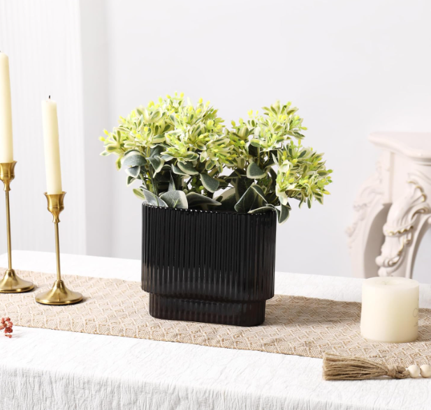 Black Ceramic Vase for Flowers, Decorative Boho Vase for Decor, Rectangle Vases for Tulips, Pampas Grass Vases for Living Room, Office, Mantel, Wedding, Dining Table, 7 Inches