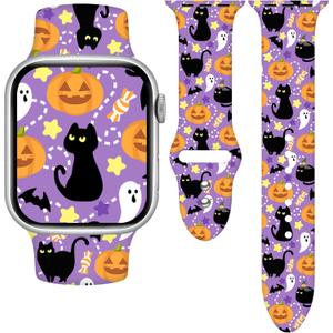 Holidays Watch Band Compatible with Apple Watch Series 11 10 9 8 7 6 5 4 3 Ultra SE for Women Men, Stylish Funny Xmas Printed Replacement Strap for iWatch 40mm 41mm 42mm (A-Cat/Pumpkin (Pink))