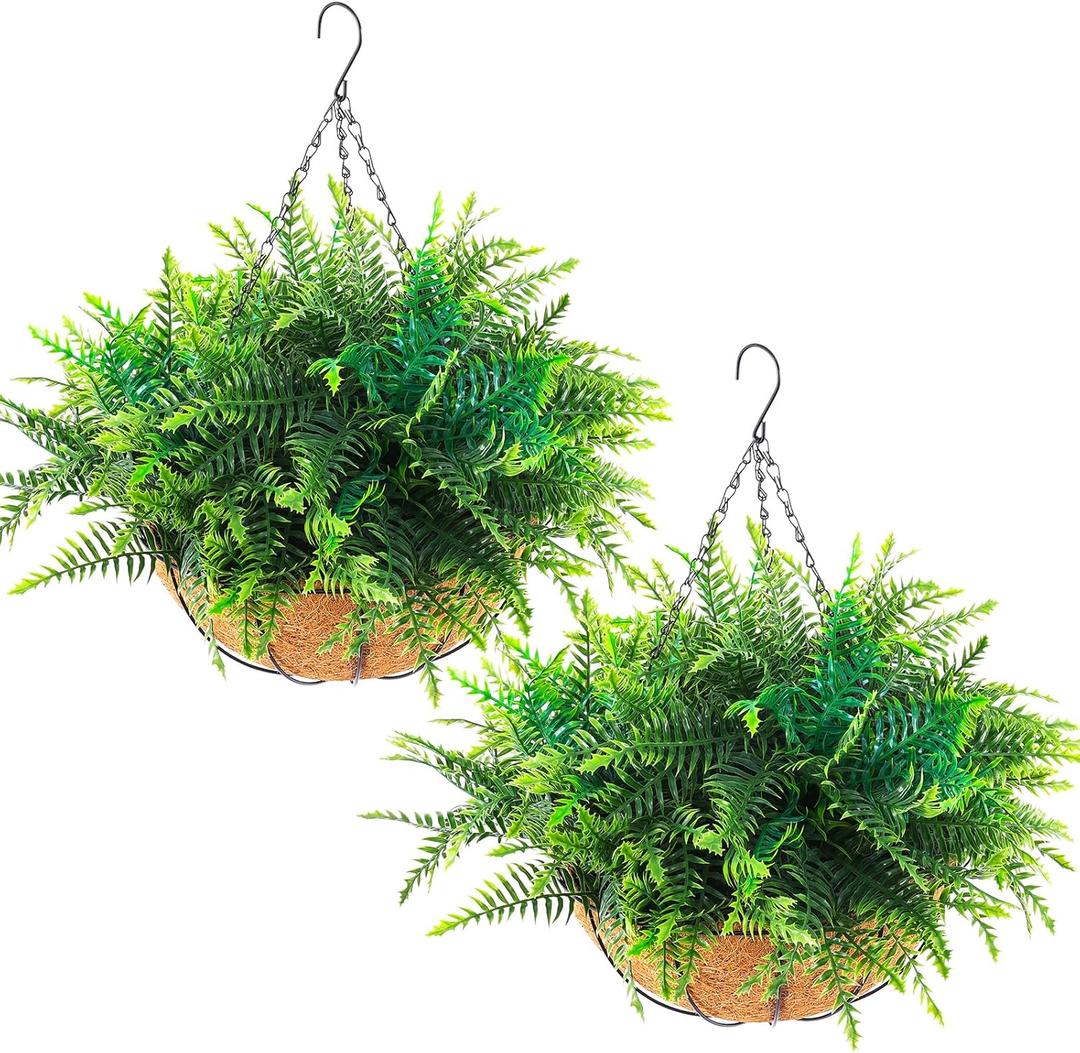 Hananona 2 Set Artificial Hanging Plants Outdoor Fake Hanging Ferns Planter, UV Resistant Faux Fern Plant Basket for Outdoors Patio Garden Home Decor (2, Green)
