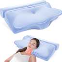 2-in-1 Cervical Neck Pillow for Neck Pain Relief, Memory Foam Pillows, Contour Pillow with Cooling Pillowcase for Side Sleepers, Removable Round Pillow for Back Lumbar Support Neck Traction (Light Blue)